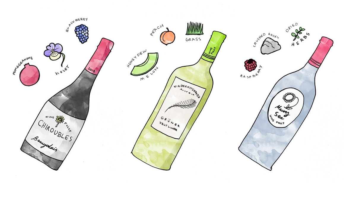 Wine Bottle Illustrations of Maury Sec, Chiroubles, and Gruner Veltliner