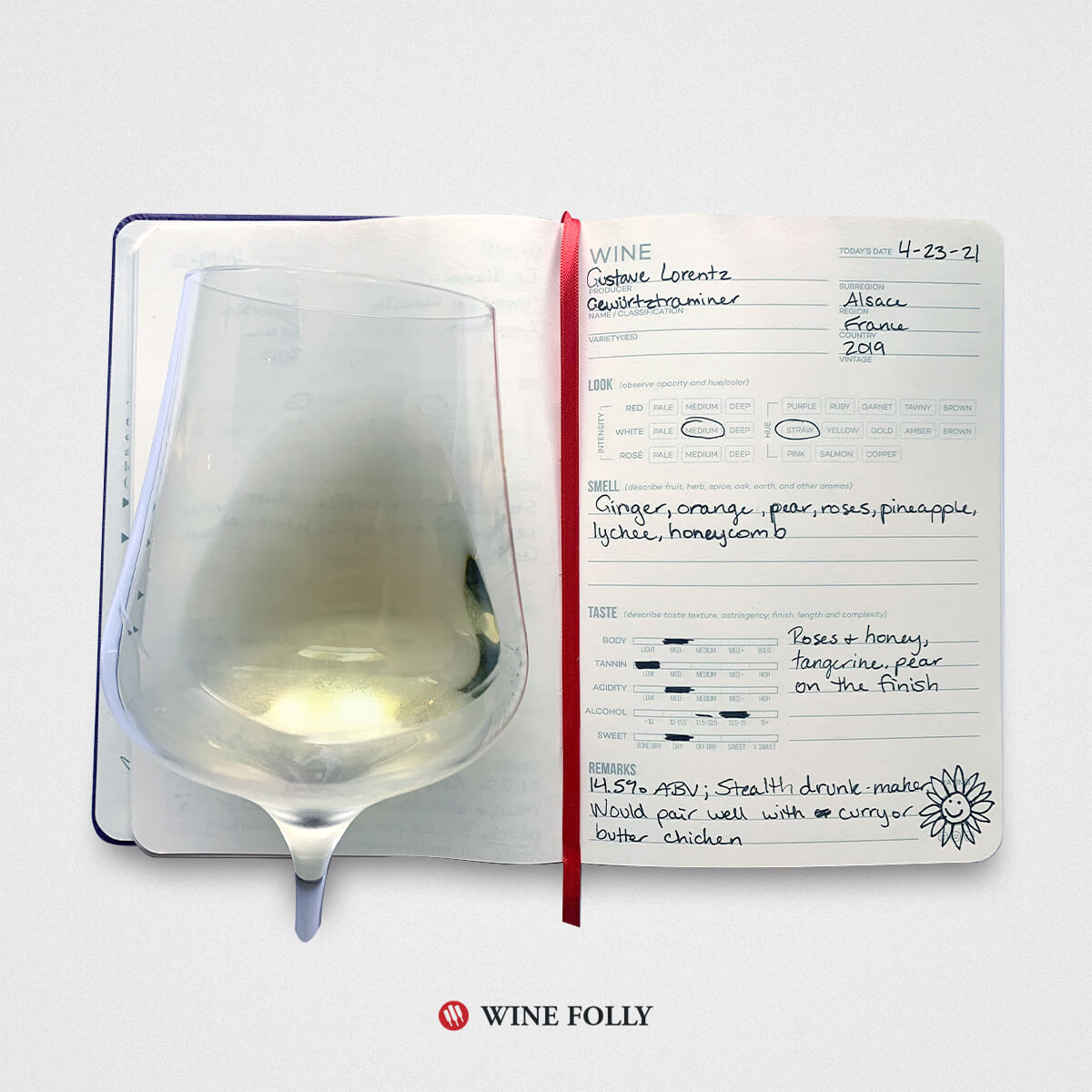 Wine Journal entry with glass of Gewürztraminer wine